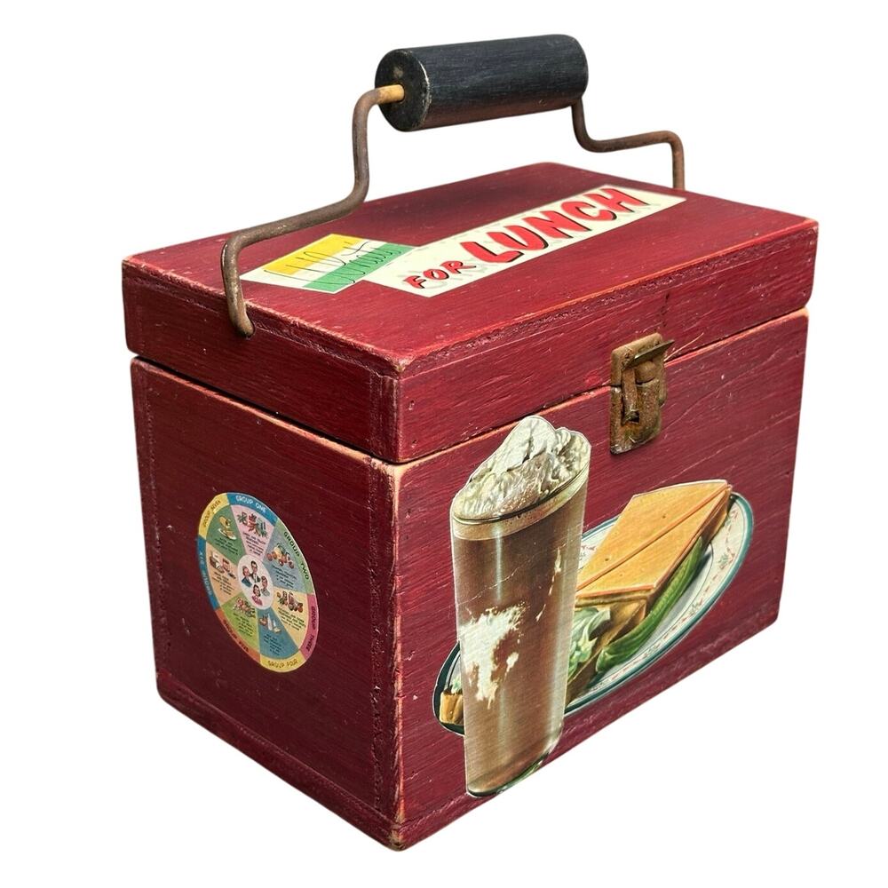 Vintage wooden handmade lunchbox craft kitchen storage display 8” decoupage